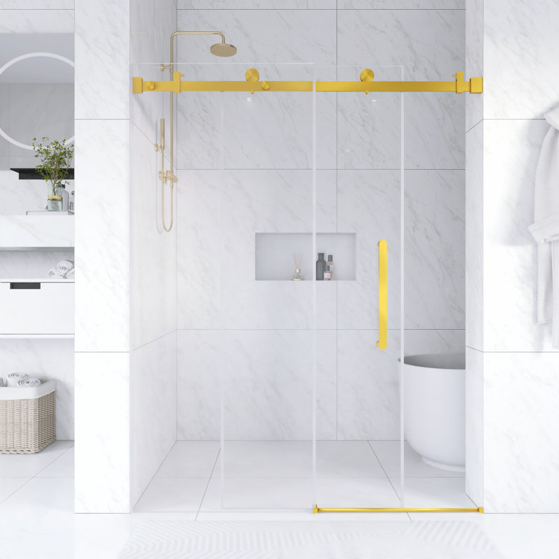 56 In. -60 In. W × 76  In. H Frameless Single Sliding Shower Door With 1/4"Clear  Tempered Glass In Brushed Gold  |  Explosion Proof Film |  Square Tube Track | Stainless Steel Handle