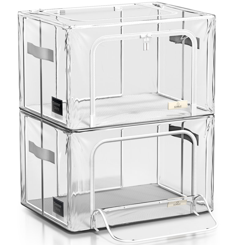 Sorbus Small Stackable Storage Bins, 2-Pack, Metal Frame, Clear Collapsible Design, Zipper Closure, 2 Pack, Large