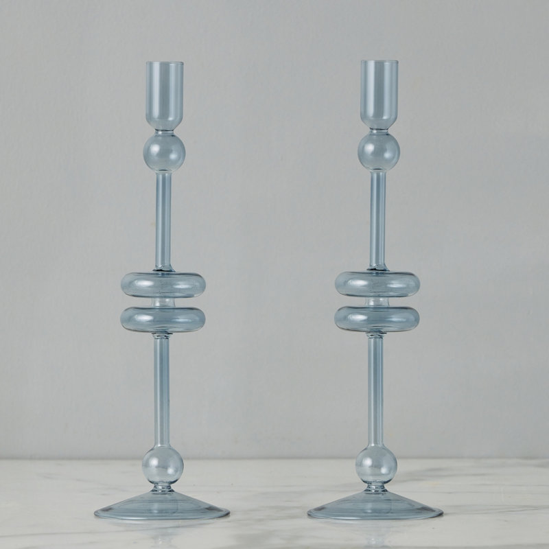 Glass Candlestick, 12" H x 4" W x 4" D, Denim Blue