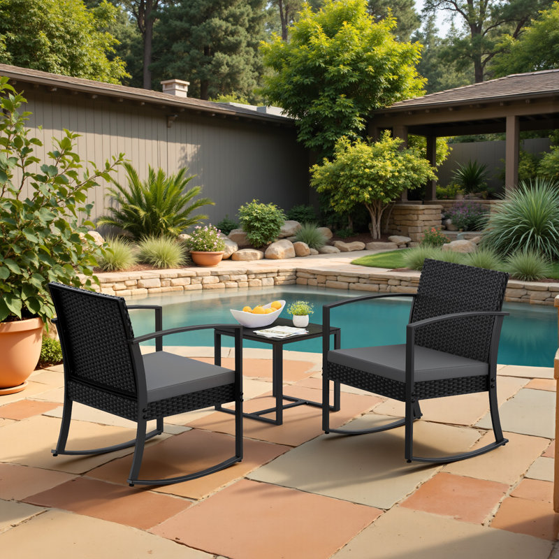 3 Pieces Outdoor Rocking Chair Set, Seating Groups with Cushions and Table, Gray