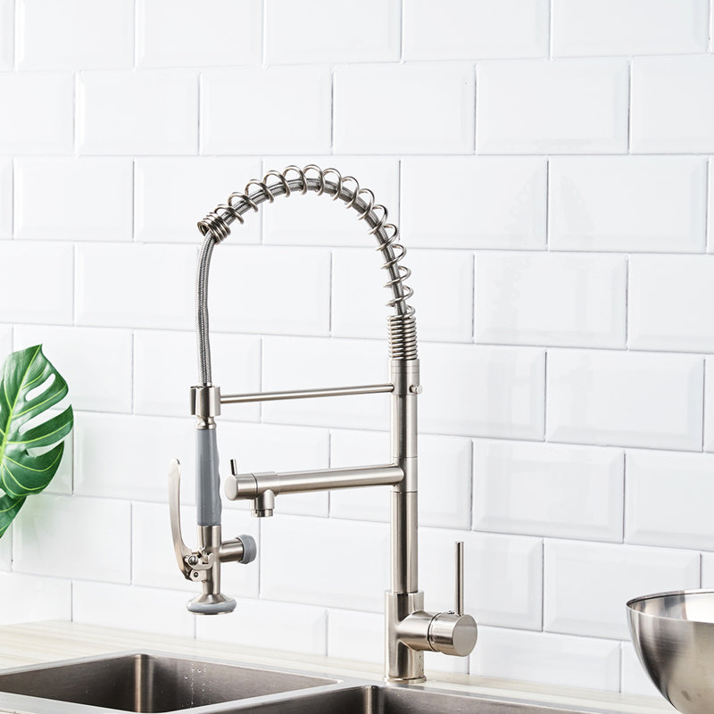 Robinet de cuisine chaud et froid en nickel brossé - poignée simple moderne avec évier rétractable pour évier commercial