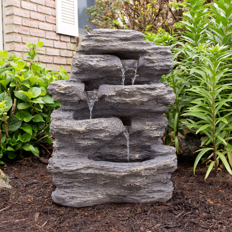 Hargrave Resin 3-Tier Outdoor Cascading Stone Waterfall Fountain with Soothing Sounds