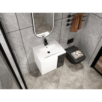 24" Wall-Mounted Bathroom Vanity With Ceramic Sink, 2-Soft Close Doors, Vanity & Glass 1/2 Door, Plywood (KD-Packing)