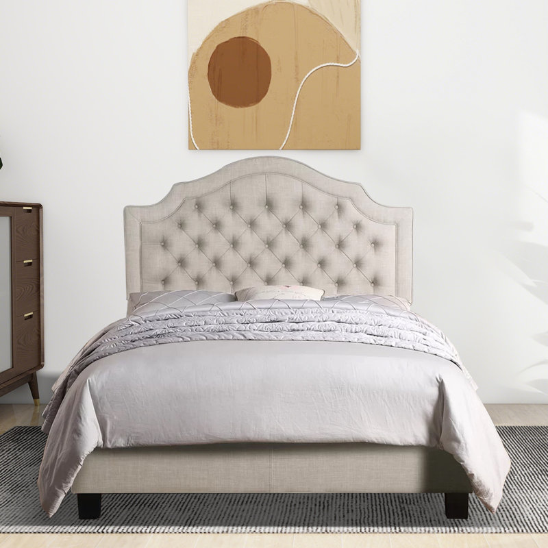 Lit rembourré en lin avec tête de lit réglable et capitonnage à boutons, Beige, Grand