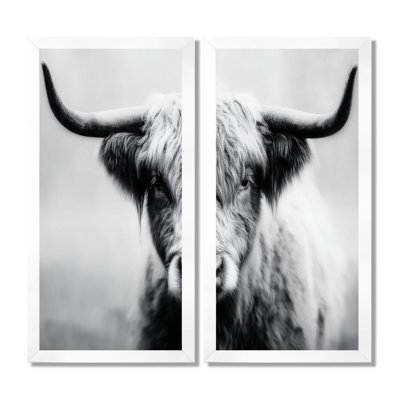 Photographie de vache Highland en Écosse - vache, décoration murale encadrée de ferme grise 2 pièces