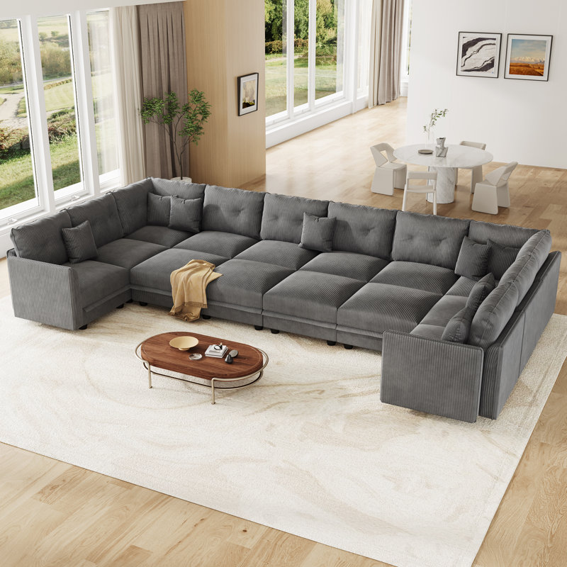 14 Seat Corduroy Convertible Modular Sectional Sofa With Storage, 12 Back Cushion 12 Throw Pillow, Gray Corduroy