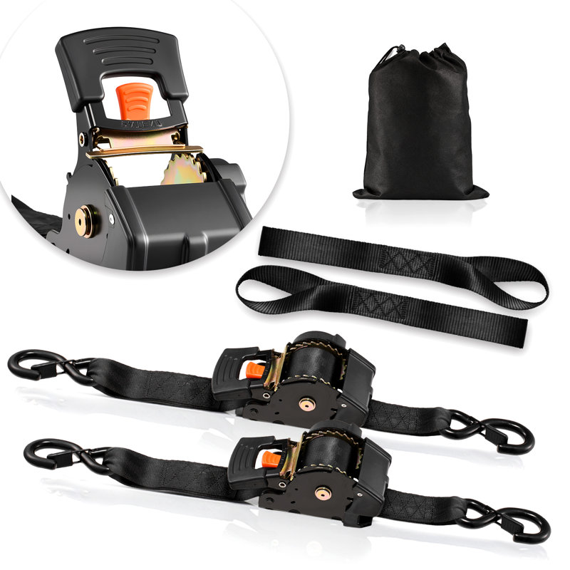 Sangles rétractables à cliquet, 2 po x 10 pi, sangles d'arrimage avec crochets en S, résistance à la rupture de 3033 lb, 2 boucles souples, cliquet d'arrimage pour le déplacement, remorques, motos, kayaks, toit de voiture