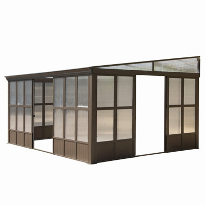 12X16ft All Season Sunroom, Outdoor Permanent Wall Mounted Solarium With Detachable Polycarbonate Windows, Aluminum Lean To Gazebo Sun Room With 3 Lockable Sliding Doors For Garden Patio Deck