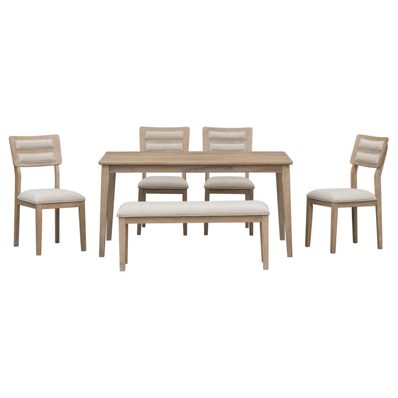 Ensemble de salle à manger 6 pièces de style classique et traditionnel TREXM, comprenant une table de salle à manger, 4 chaises rembourrées et un banc (bois naturel délavé)