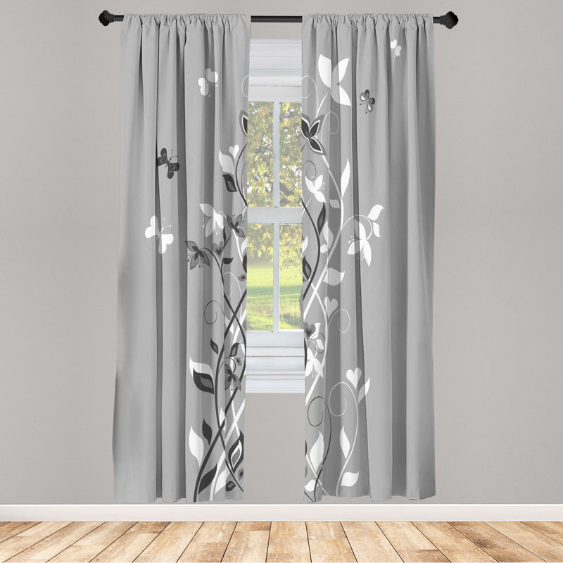 Microfiber Floral Semi-Sheer Rod Pocket Curtain Panels, 28" W x 84" L, White/Black/Gray