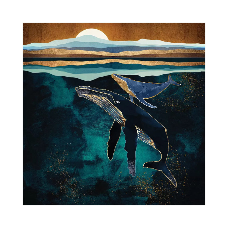 Moonlit Whales - impression d'art graphique, Aucun mat, Toile tendue, H 12 po x l 12 po x P 0,75 po