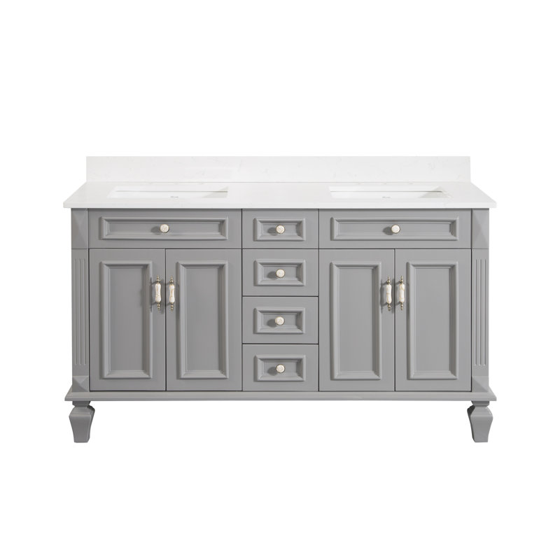 Elmmanual  35'' H X 60" W Solid Wood Bath Vanity with Stain-resistant Carrera White Quartz Top and Double Sink, Titainum Gray