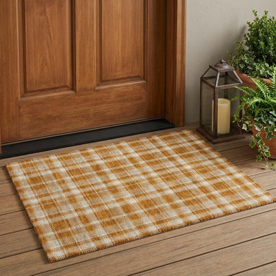 2' X 3' Orange and Ivory Plaid Washable Non Skid Indoor Outdoor Area Rug
