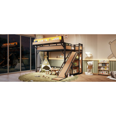 Lit mezzanine simple TG avec glissoire, tablettes de rangement et garde-robe intégrée, cadre de lit mezzanine en métal avec ports USB et lumières DEL, avec panneau perforé, sécuritaire et solide, naturel