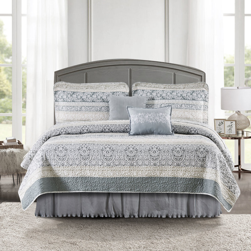Ensemble de courtepointe en microfibre 6 pièces avec jupe de lit, Couvre-lit pour grand lit + 5 pièces supplémenta