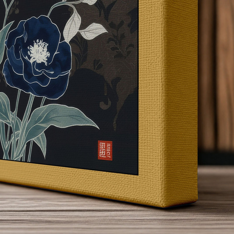Moonlit Indigo Blooms Botanical - Wrapped Canvas, 24x16 - 61.0 x 40.6 cm, Ochre Border
