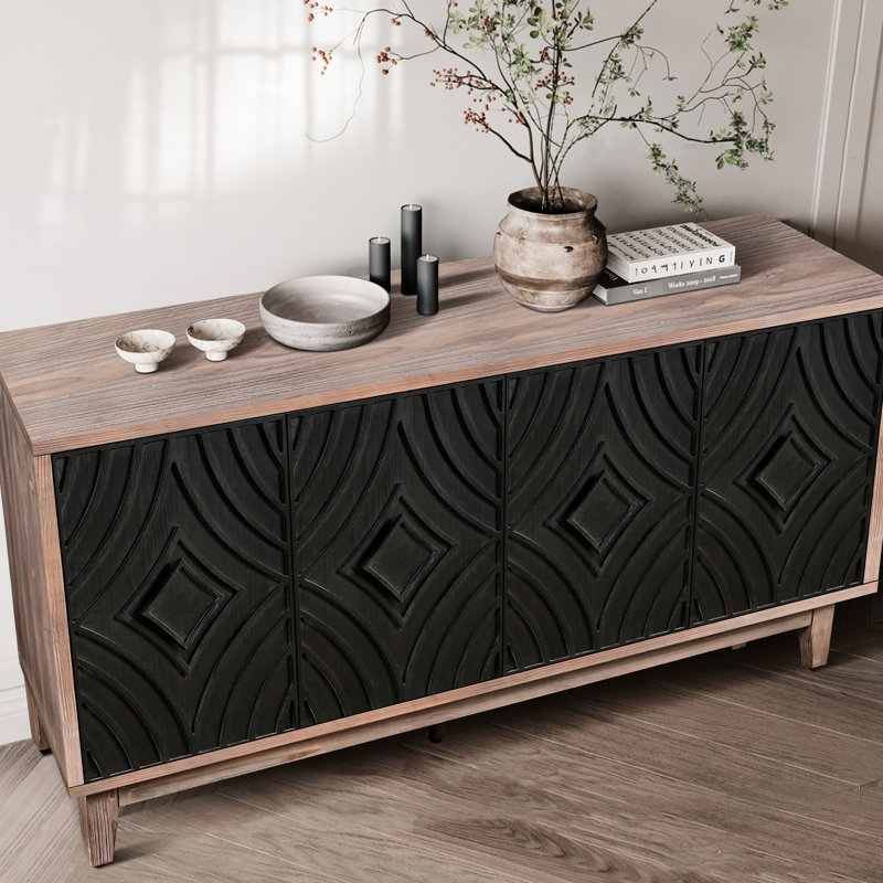 Arnoltice Mid Century avec 4 portes à motif convexe et 2 tablettes - Rangement spacieux pour le couloir du salon de 60 po de style Buffet cannelé noir antique
