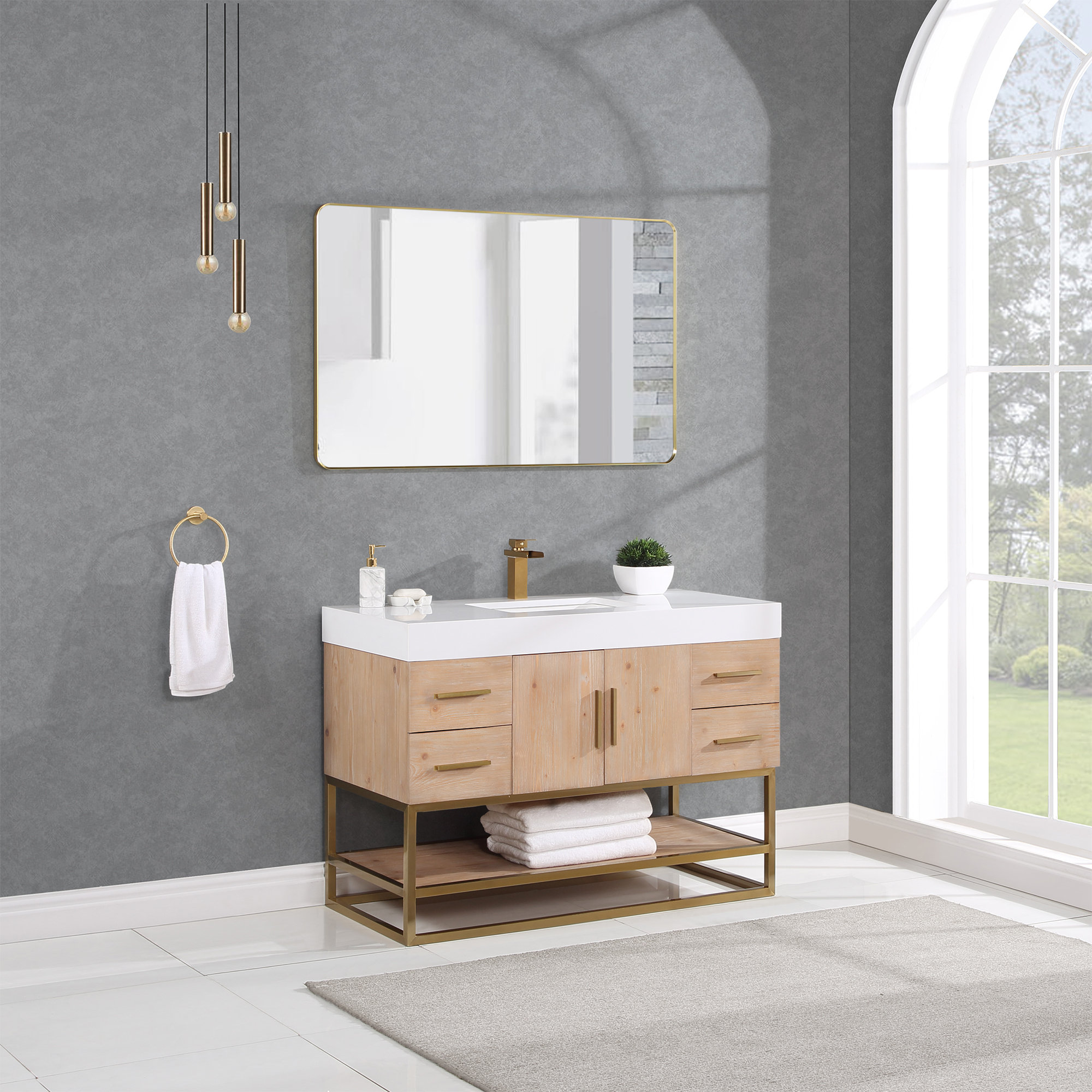 Steelie 48'' Single Bathroom Vanity with Stone Top with Mirror