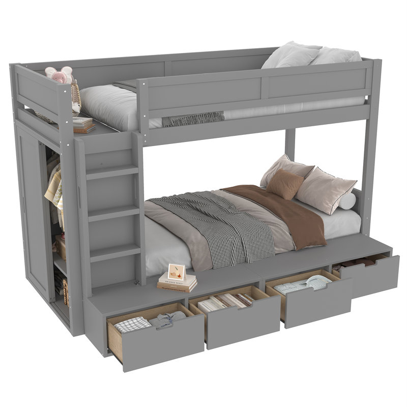 Beige Gray Twin over Twin Bunk Bed with Storage Wardrobe, Solid Wood Frame, Beige/Gray