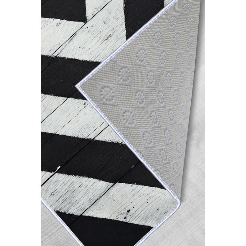 Tapis géométrique en polyester tissé à la machine en noir et blanc, Tapis de couloir 3 pi 3 po x 6 pi 7 po