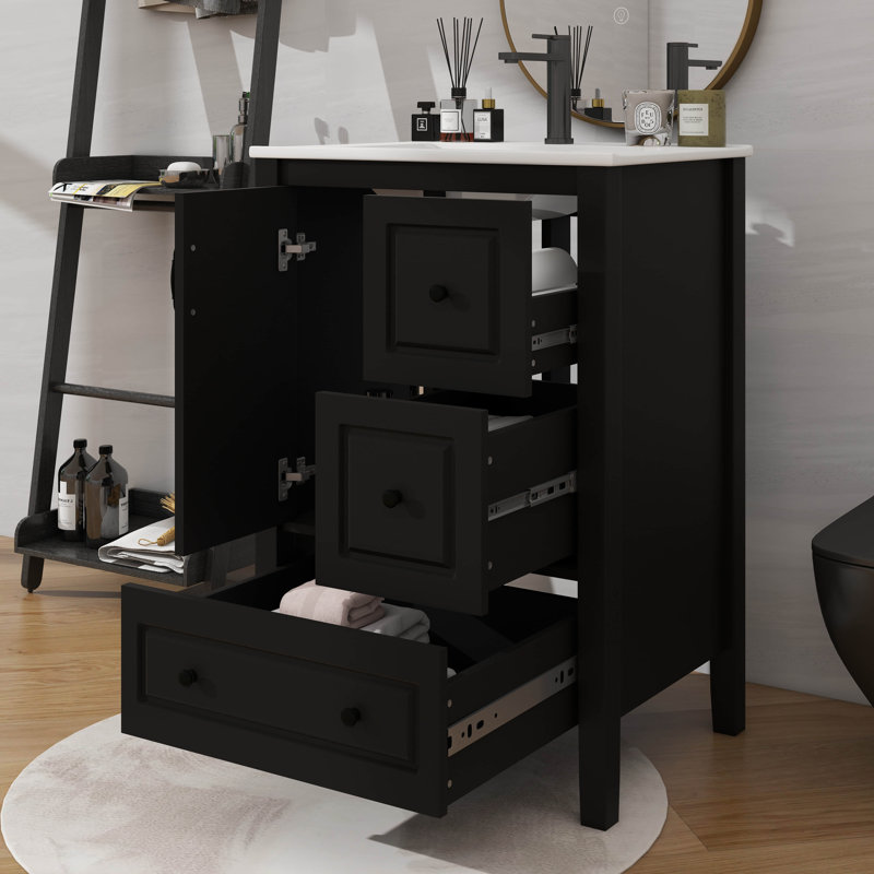 Meuble-lavabo 24 po avec lavabo, une armoire avec porte à fermeture douce, 3 tiroirs à fermeture douce, Noir