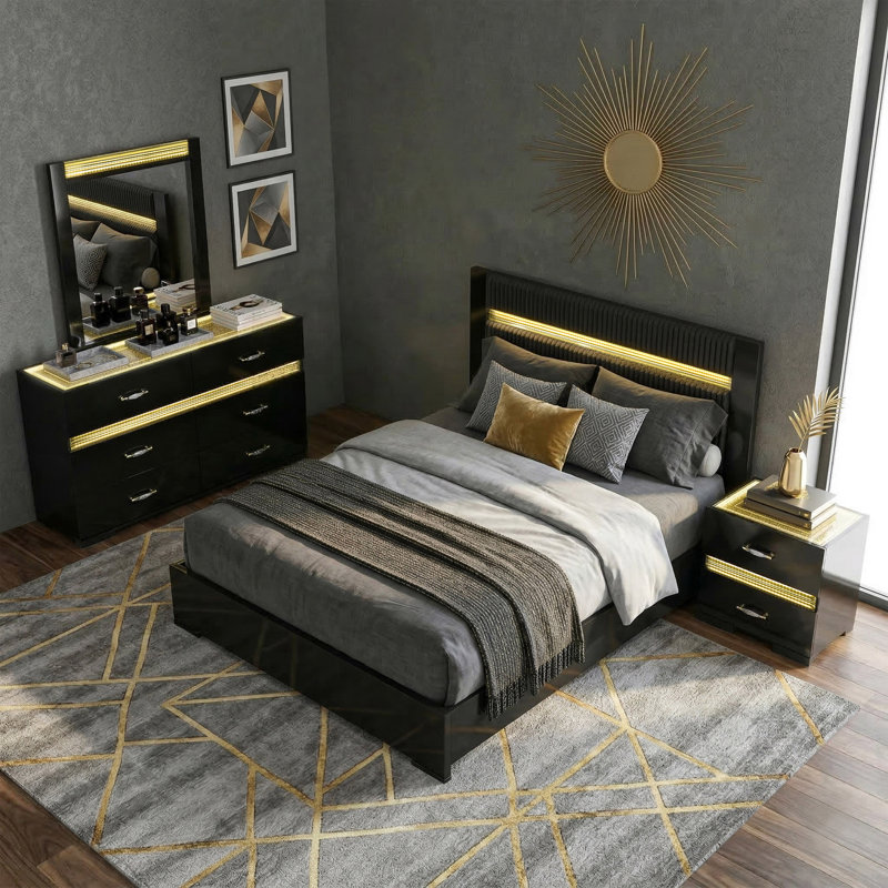 Ensemble de chambre à coucher 4 pièces avec DEL Brigette, Ensemble de 4 pièces : lit, table de chevet, comm, Très grand lit