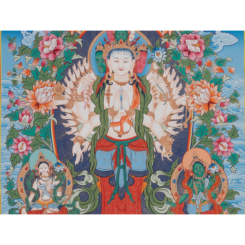 Thangka sans bras aux mille bras Avalokiteshvara | Art mural bouddhiste tibétain peint à la main | Décoration or 24 carats Compassion & Mercy (29,9 po x 20,1 po)