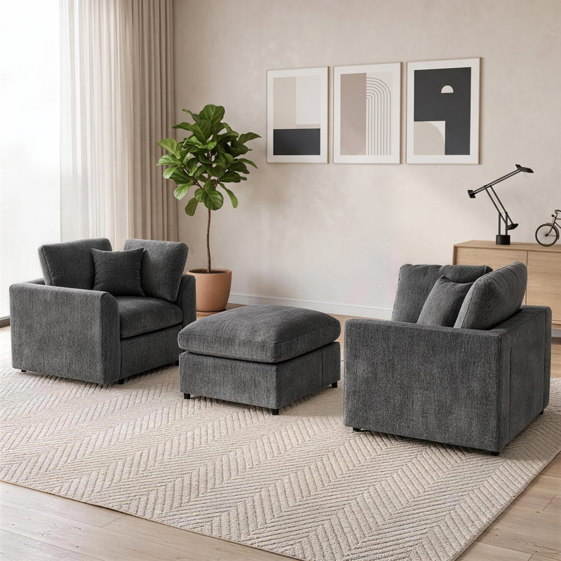 Ensemble 3 pièces de chaise longue rembourrée en chenille avec repose-pieds en bois massif pour salon, Gris