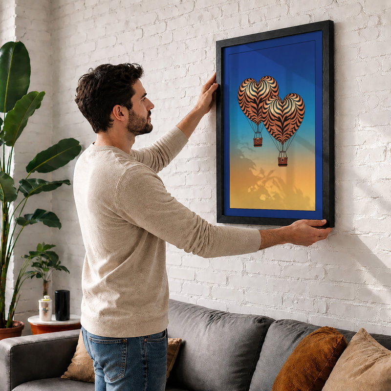 Sunrise Balloons Retro - Framed Print, A2 - 59.4 x 42.0 cm, Walnut