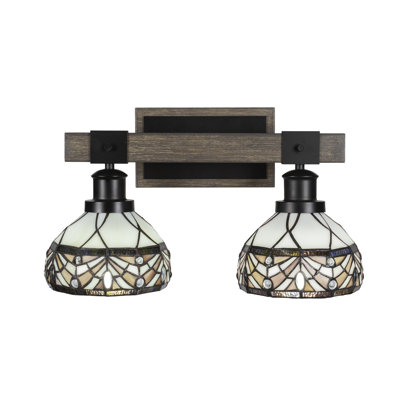 Barre d'éclairage de salle de bain 2 lumières Sandoz présentée en noir mat et en métal peint d'aspect bois vieilli avec verre d'art 7 po Royal Merlot