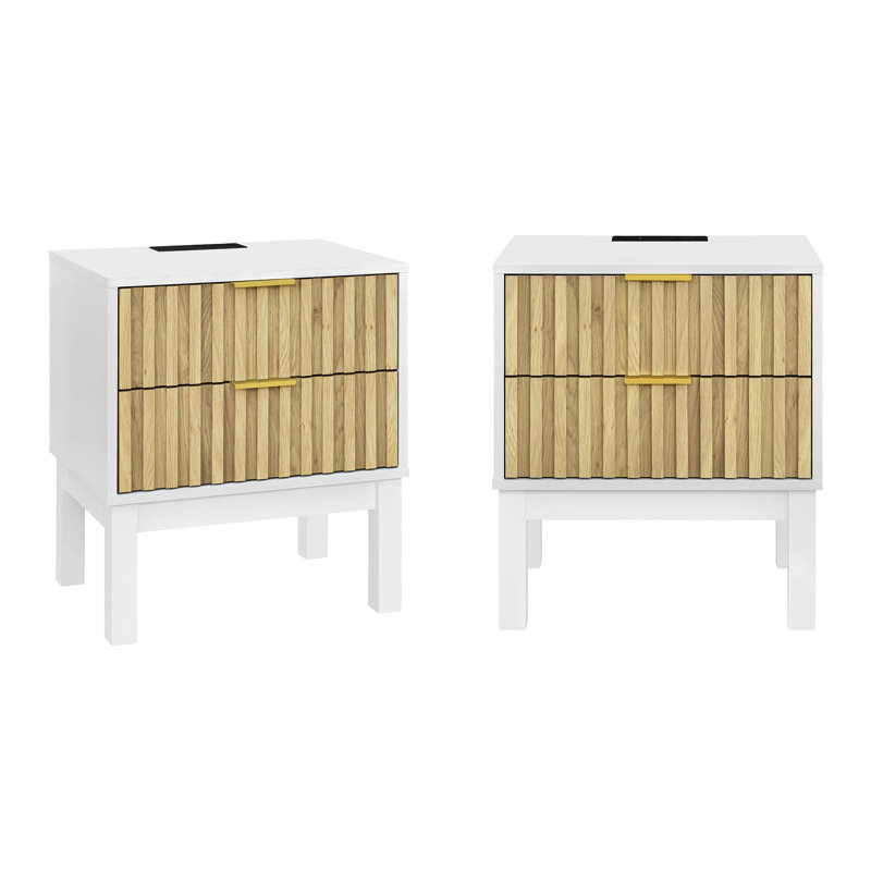 2 Drawers Nightstand With 2 Power Outlets, 1 Usb Port,modern Metal Handle (set Of 2), Natural/White, Set of 2