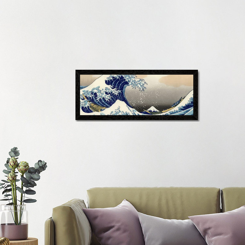 The Great Wave At Kanagawa by Katsushika Hokusai - Panoramic Painting on Canvas, 152.4 cm H x 50.8 cm W, Black Floater Framed