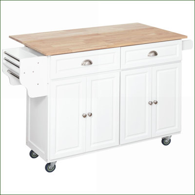 Îlot de cuisine sur roulettes avec bar à feuilles tombantes, armoires à 4 portes et amp; Rangement | Bois d'hévéa massif | Blanc neige
