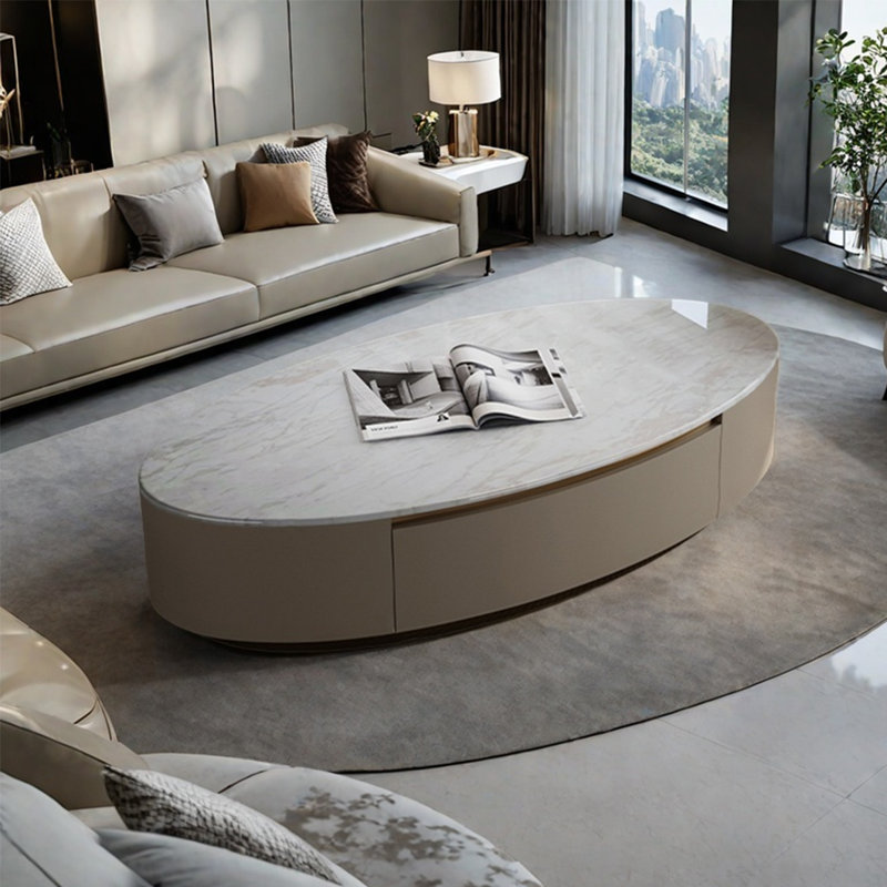 Table basse ovale en marbre clair de luxe, H 15,7 po x L 63 po x l 31,5 po