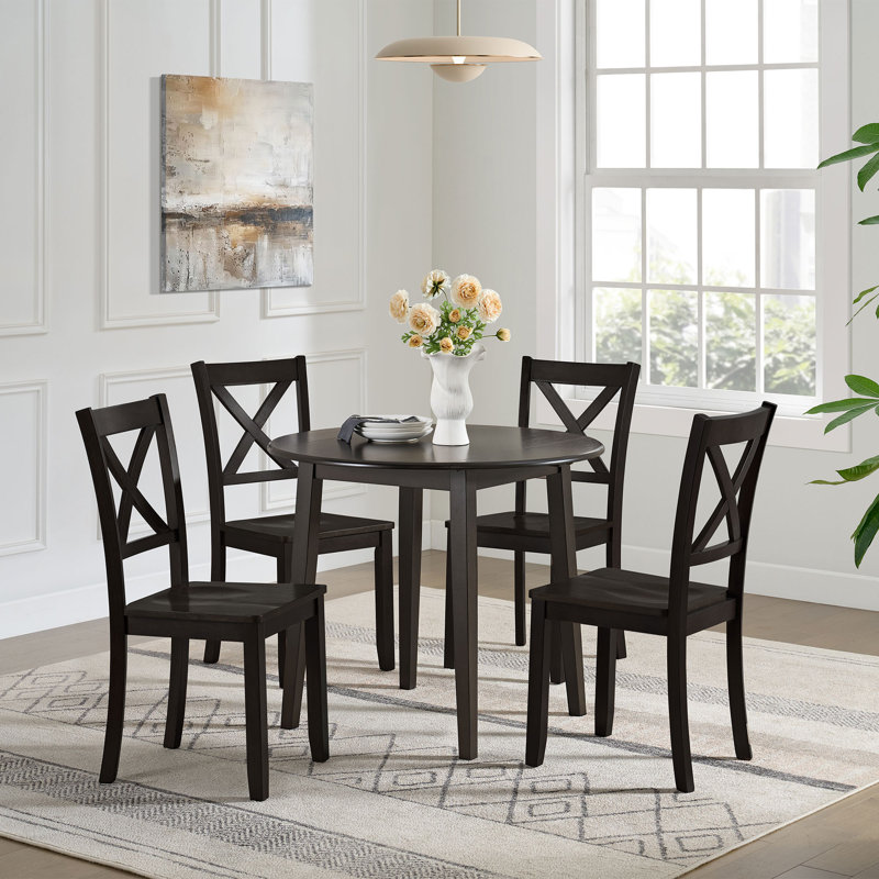  Hinged Drop Leaf Dining Table, 22 to 36 Inch Round Tabletop, Brown, Brown