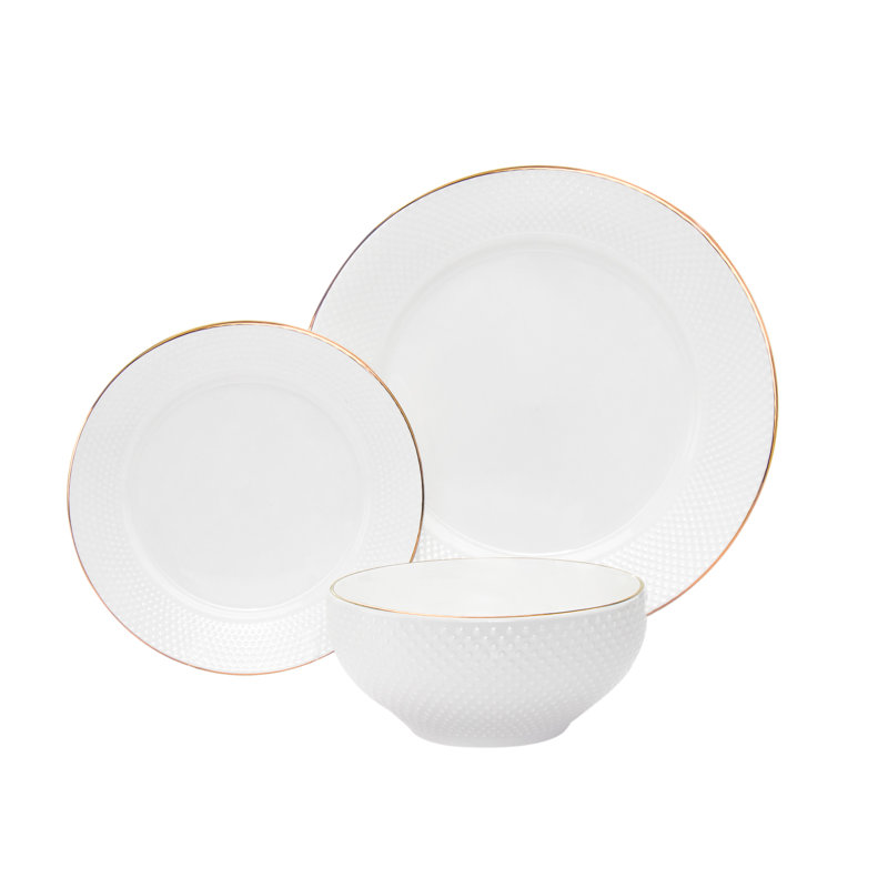 Elegant White Porcelain Dinnerware Set with Gold Trim, Service for 6