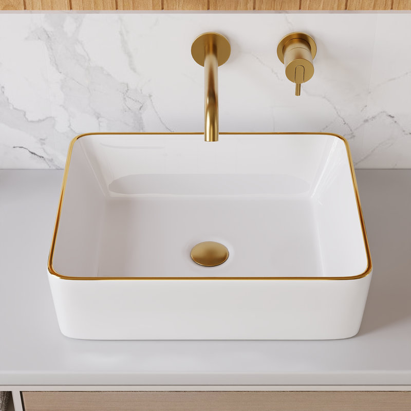 DeerValley Ally 19" x 15" Vitreous China Rectangular Bathroom Sink Vessel Sink, White/Gold