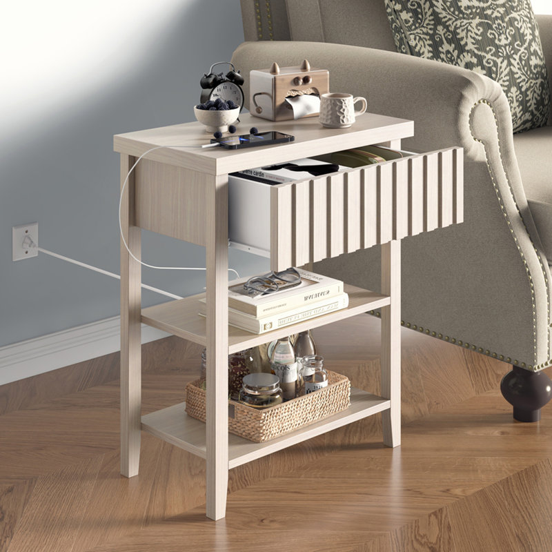 Table de chevet cannelée avec station de charge, table de chevet de ferme avec tiroir et 2 tablettes de rangement ouvertes, table d'appoint moderne pour le vestibule de salon de petite chambre, beige (ensemble de 2)