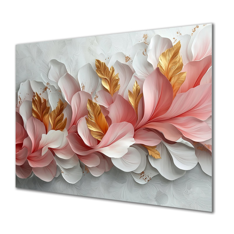 Veines marbrées dorées et roses de pétales de fleurs III - Fleurs abstraites, impressions sur métal, H 30 po x l 40 po