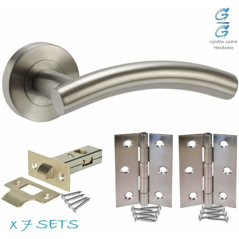 Golden Grace 7 Set Internal Arched T-Bar Lever Door Handle on Round Rose in Satin Chrome with Latch Hinges