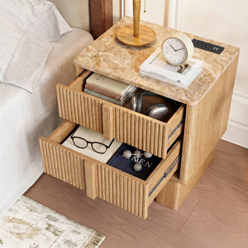 Table de chevet cannelée de 22 po avec station de charge intégrée, table de chevet à 2 tiroirs pour chambre à coucher et salon (ensemble de 2)