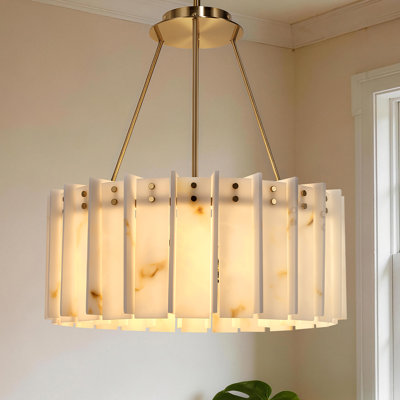 24in 6 - Light Dimmable Drum Alabaster Chandelier Round for Living Room Dining Room Bedroom Entryway