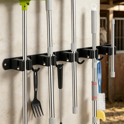 Support de balai et vadrouille mural robuste avec 5 supports et 4 crochets, organisateur de garage et de cuisine auto-adhésif ou à visser pour un rangement compact