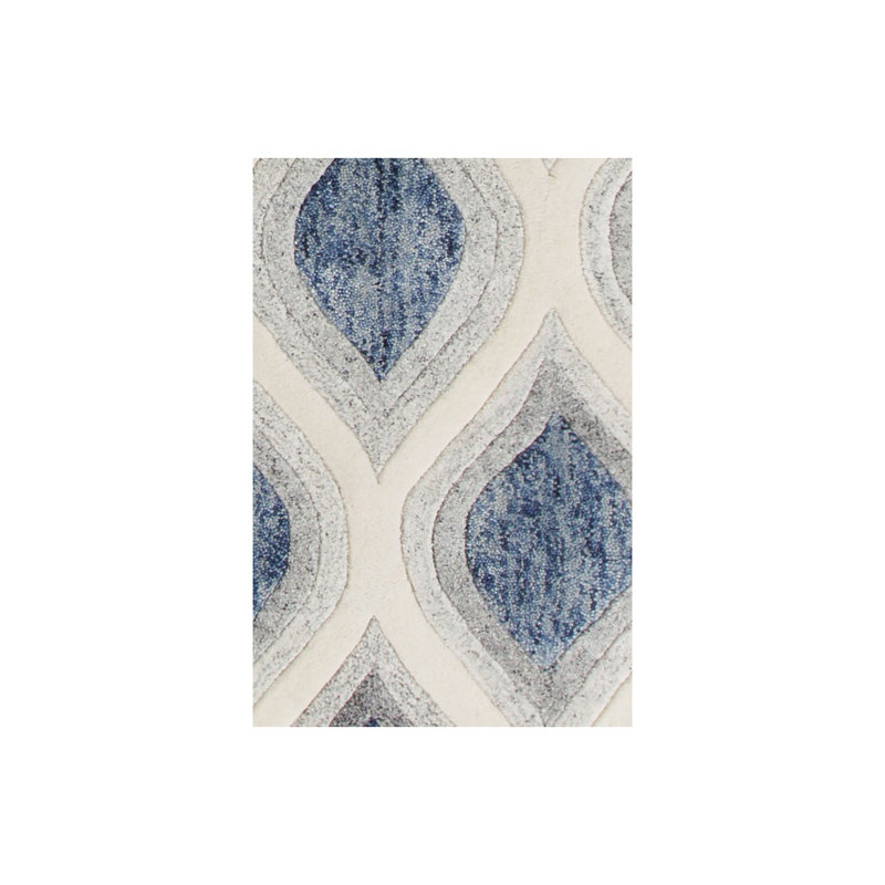 Tapis bleu / crème en laine Delong, Rectangle 5 pi x 7 pi 6 po, Bleu / Crème