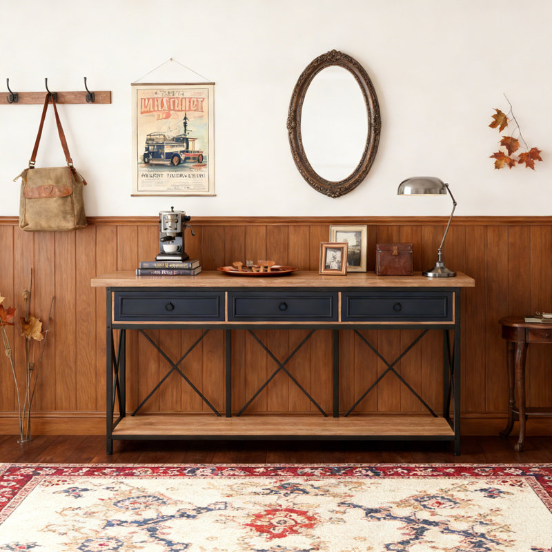 3-Drawer Console Table Sofa Foyer Table with Storage Shelf, Black & Brown