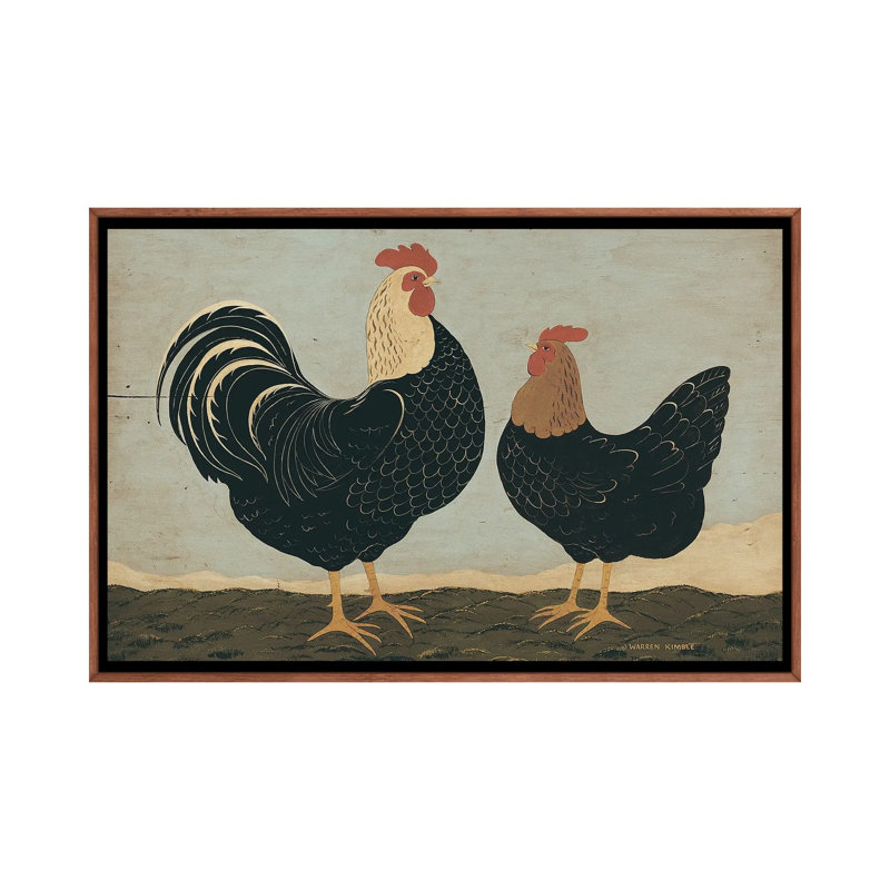 Double coqs - reproduction d'art murale encadrée, H 40 po x l 60 po, Reproduction encadrée sans passe-partout, Brun