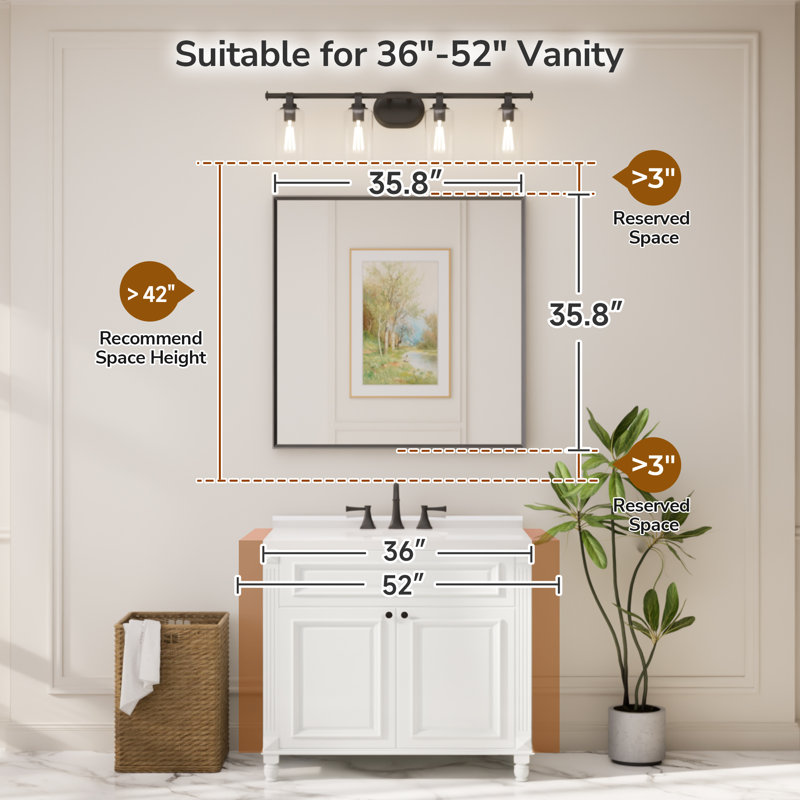 Miroir de salle de bain avec cadre en aluminium et verre trempé, Or brossé, Carrée, 36 po x 36 po