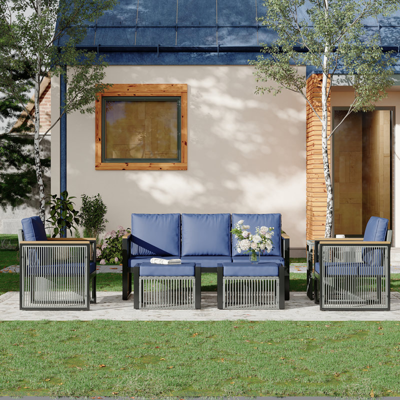 6 Pieces Modern Outdoor Conversation Set Sectional Sofa With Ottomans And Coffee Table, Blue