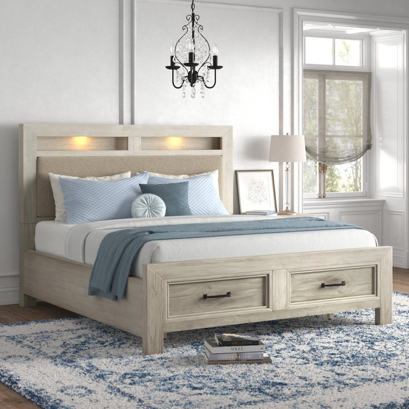 Lit plateforme avec rangement Allentown, Blanc antique, Très grand californien