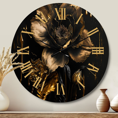 Black And Gold Daffodil Design II - Floral & Botanical Golden Face Wall Clock